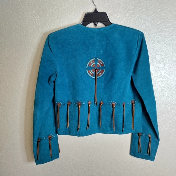 Patricia wolf suede turquoise Hand Painted Aztec Fringe Western jacket Sz S - Picture 1 of 7